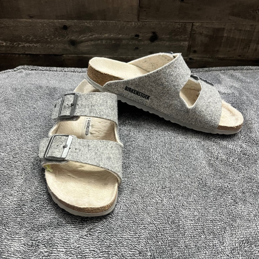 Birkenstock Arizona Shearling Light Grey Wool Felt Sandals Women 39 8.5 Preppy